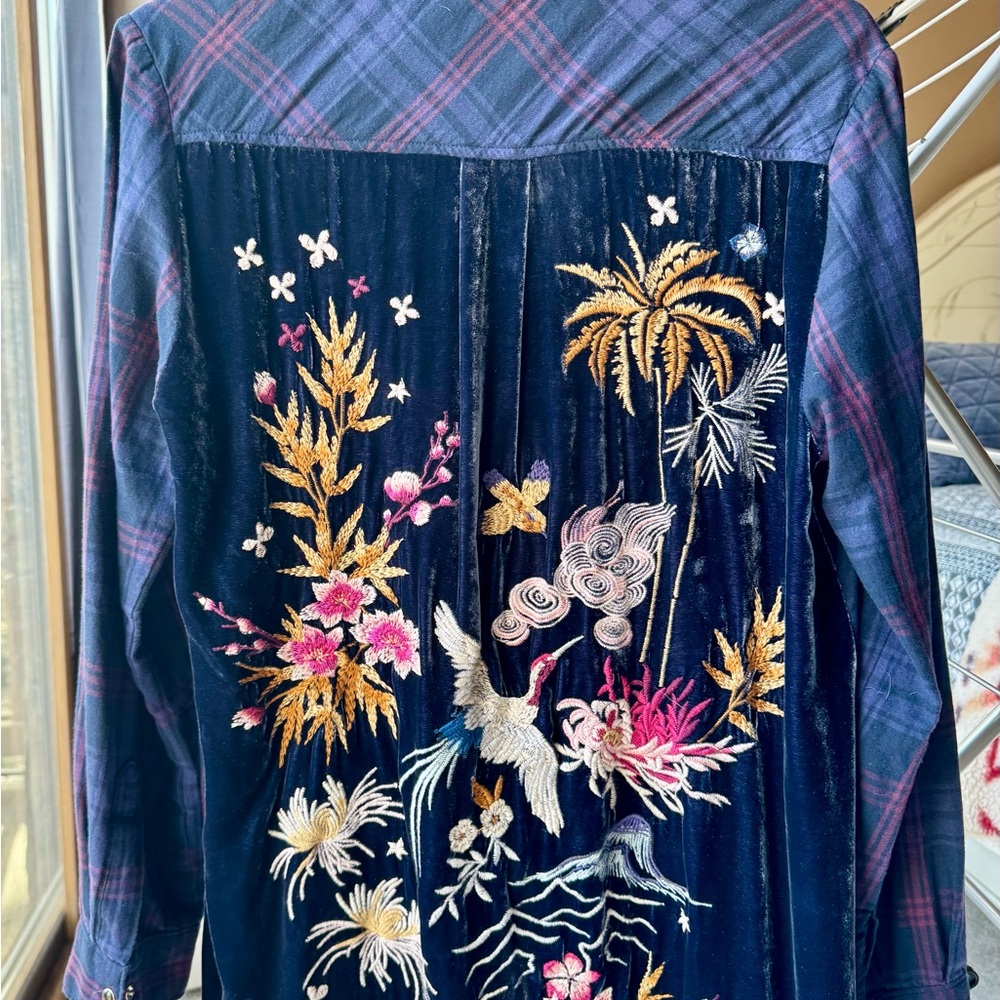 Johnny Was Blue and Gold Embellished Long Sleeve Blouse